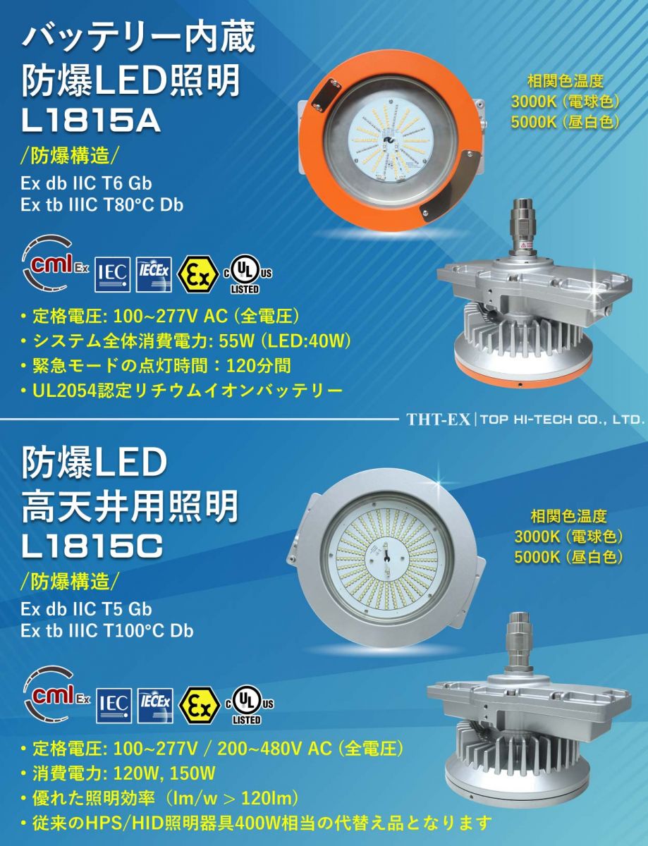 バックアップ電源付防爆LED照明-L1815シリーズは日本にてCML認定を取得致しました_THT-EX